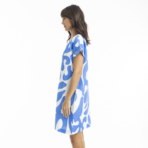 Orientique Print Linen Cap Sleeve Shirt Dress - Blue Fashion