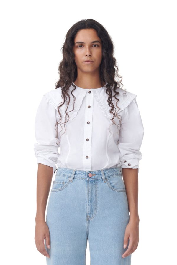 GANNI F5500 WHITE FRILL COLLAR POPLIN SHIRT Online Sale