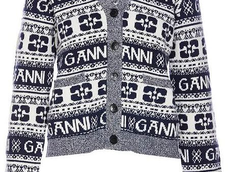 GANNI K2093 BLUE LOGO WOOL CARDIGAN on Sale