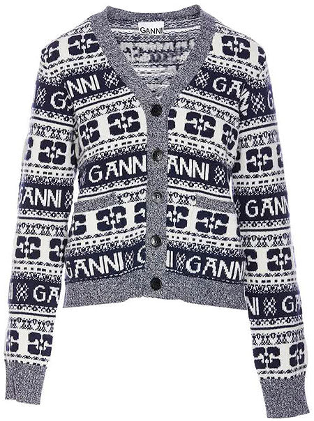 GANNI K2093 BLUE LOGO WOOL CARDIGAN on Sale