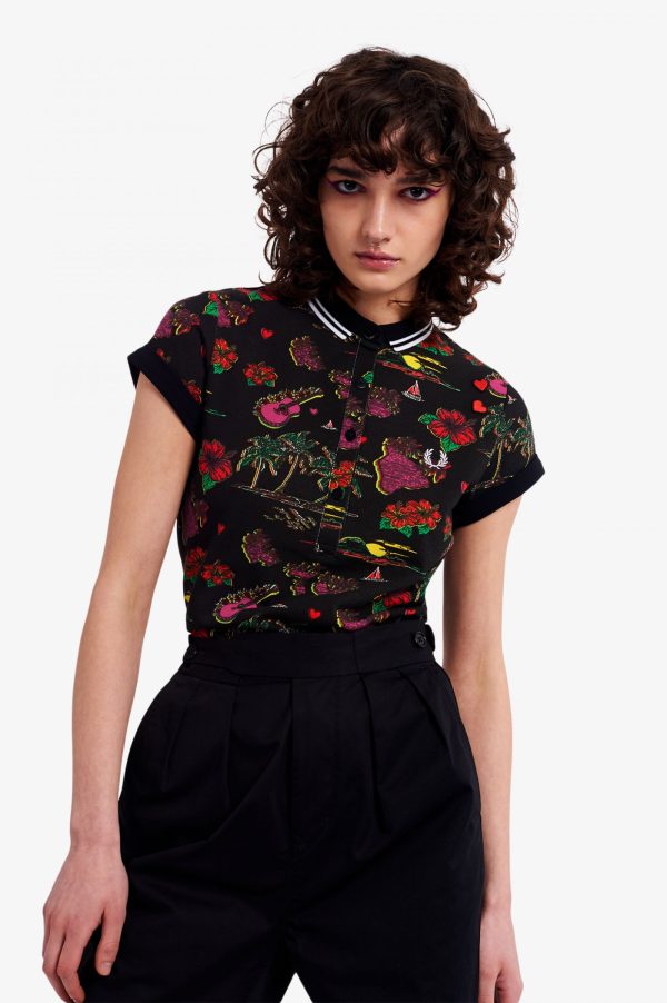 Amy Winehouse Black Hawaiian Print Polo Shirt Discount