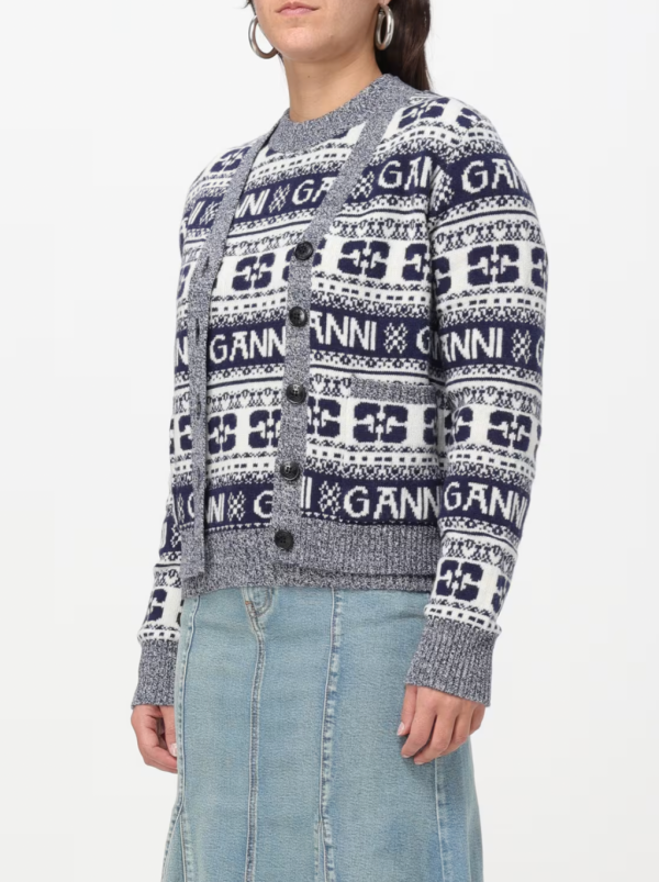 GANNI K2093 BLUE LOGO WOOL CARDIGAN on Sale