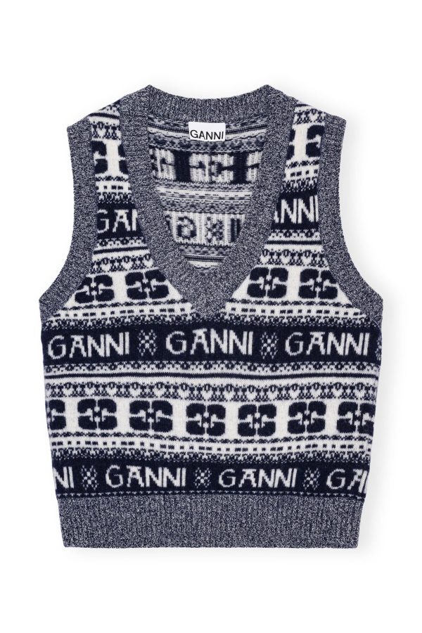 GANNI K2092 BLUE LOGO WOOL MIX VEST Online