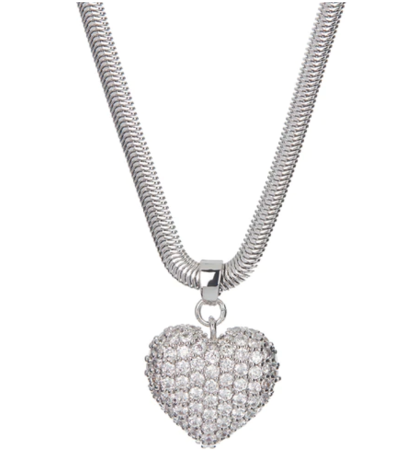 PAVE PUFFY HEART NECKLACE- SILVER Fashion