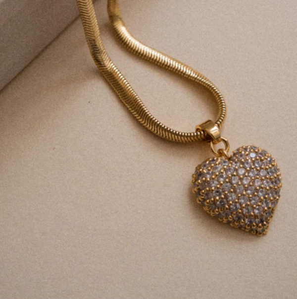 PAVE PUFFY HEART NECKLACE- GOLD Fashion