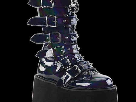 Demonia - DAMNED-225 Spiked Strap Black Hologram Patent Vegan Leather Cheap