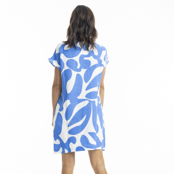 Orientique Print Linen Cap Sleeve Shirt Dress - Blue Fashion