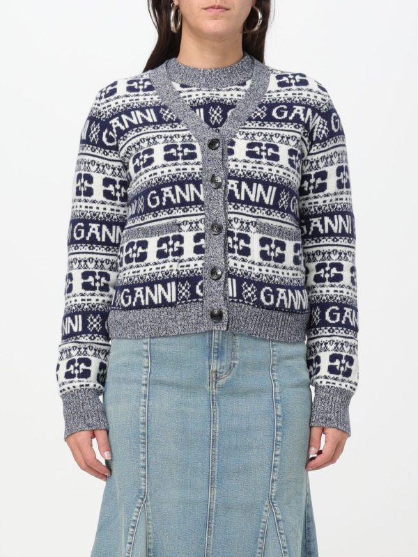 GANNI K2093 BLUE LOGO WOOL CARDIGAN on Sale