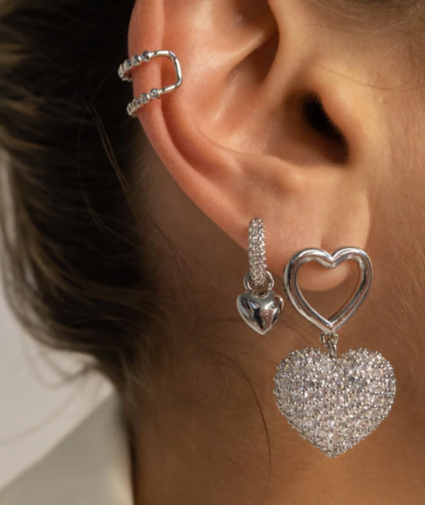 PAVE PUFFY HEART EARRINGS- SILVER For Cheap